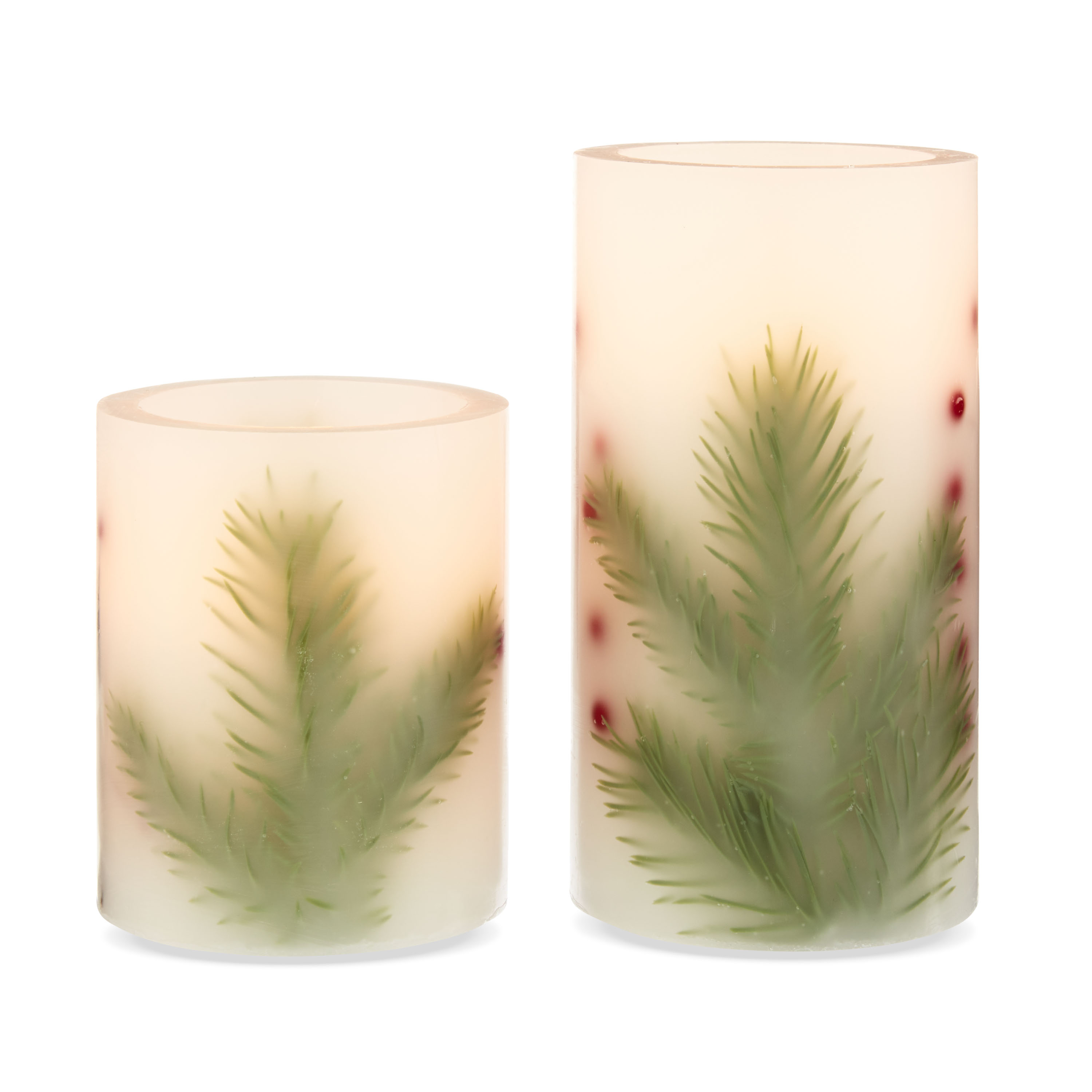 Holiday Time 3.25x4 and 3.25x6 inch Led Flameless Pillar Candles, White Unscented Wax with Red Berry&Evergreen ,Warm White Light,Set Pack - image 2 of 5