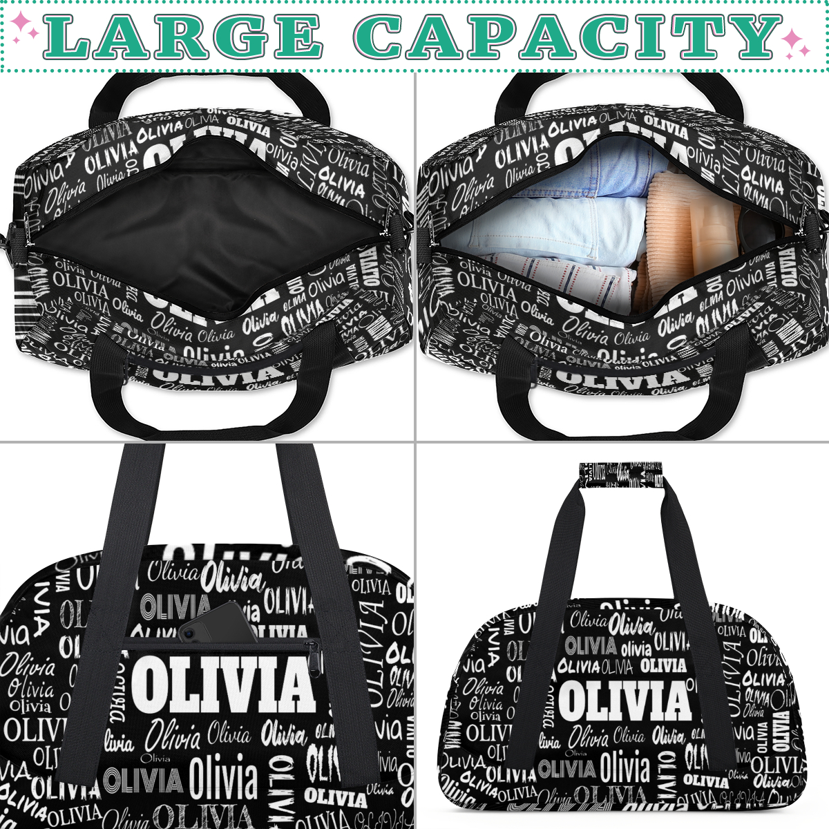 Personalized Names Sport Duffle Bag Kids Teens Travel Weekender Lightweight Bags, Black