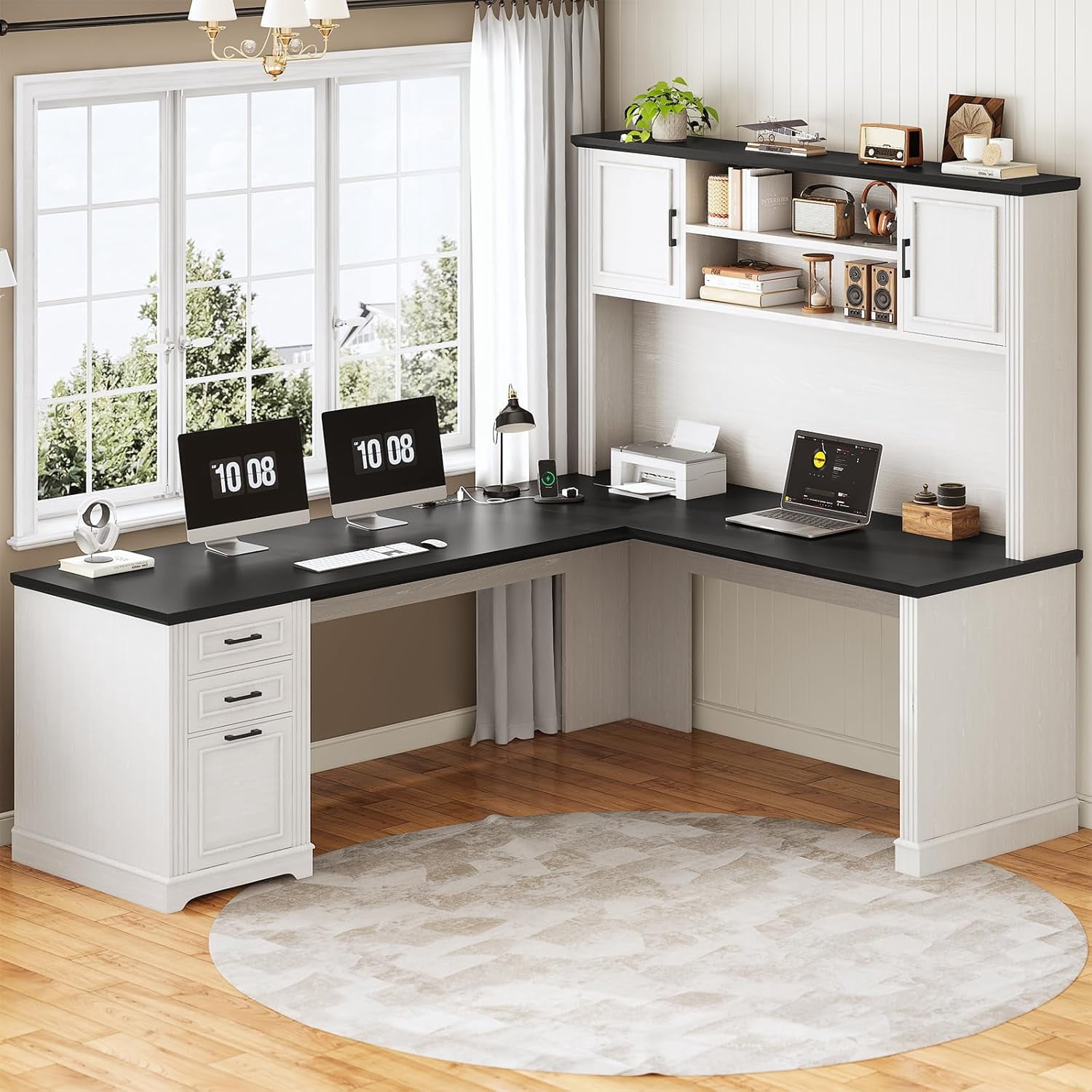Farmhouse L Shaped Desk with Hutch and 3 Drawers, 68.9" Executive Office Desk with Power Outlet Open Shelves, Elegant Corner Desk Computer Desk with Storage Shelves for Home Office, White