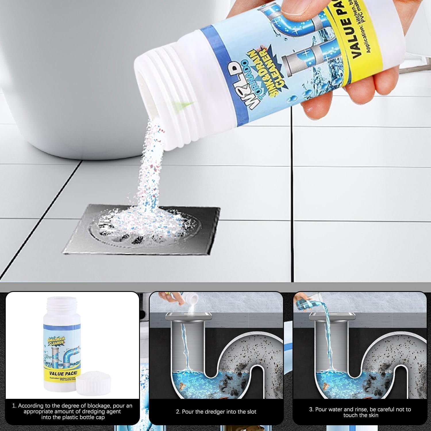 Sink & Drain Cleaner Powder, Heavy Duty Pipe Clog Remover for Toilet & Kitchen, Safe Non-Corrosive Foaming Agent,（2-4 Pack）