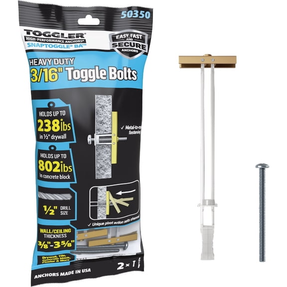 Toggler Snaptoggle Heavy-Duty Drywall Toggle Bolt - Zinc-Plated Anchor - 2 Pack, 3/16"-24