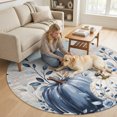 thumbnail image 2 of Round Area Rugs 5Ft, Navy Blue Pumpkins Fall Non-Slip Washable Circle Rugs Carpet, Thanksgiving Wooden Eucalyptus Leaves Indoor Outdoor Rug Floor Mats Throw Runner for Bedroom Living Room Bathroom, 2 of 8