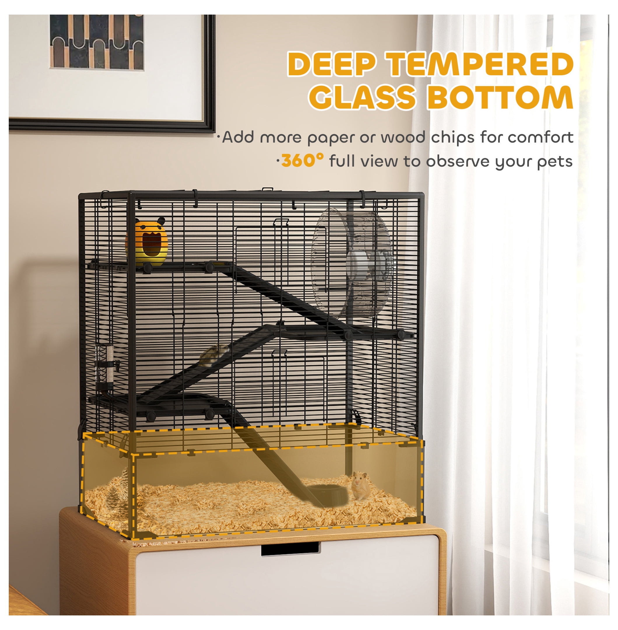 Hamster Cage 4 Tier with Tempered Glass Bottom, Running Wheel & Hut - Mice & Rats Habitat 31"x19"x31.5", Syrian & Dwarf Hamster Cage