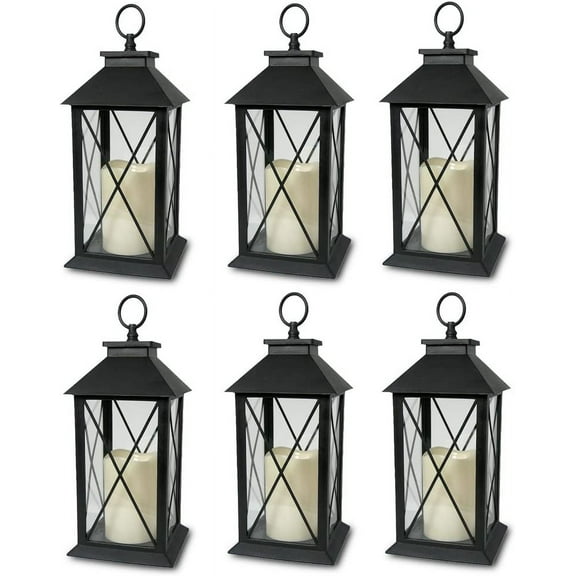 Decorative Black Lantern with Cross bar Design - LED Flickering Flameless Pillar Candle with 4 Hour Timer Included - Remote Control - Indoor/Outdoor Lantern - 13" H - Pack of 6