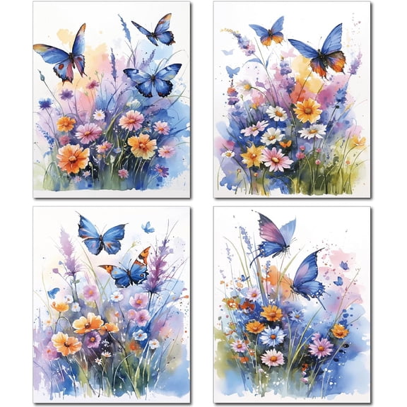 4Pcs Butterfly Canvas Wall Art Butterfly Flower Plant Poster Print Spring Gardens Nursery Canvas Poster Home Decoration Chemical Fiber Oil
