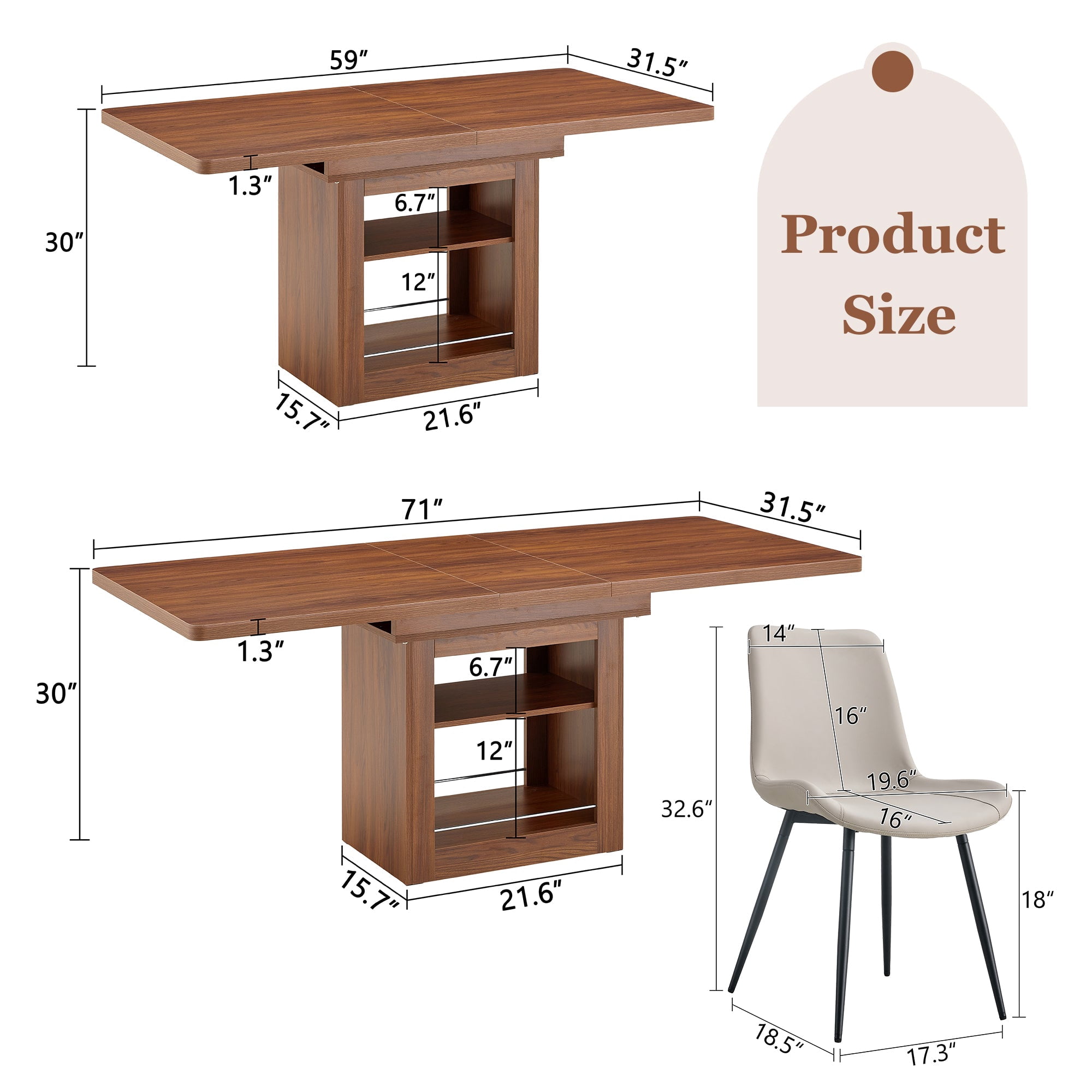 Sailvan Dining Set, 59-71 Inch Walnut MDF Table with Brown Tech-Fabric Curved Widened Cushion Chairs