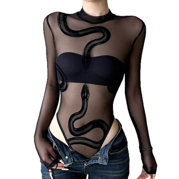 lixuesong Women's Graphics Snake Sheer Mesh Long Sleeve Bodysuit Tops See Through Jumpsuit Leotard Clubwear