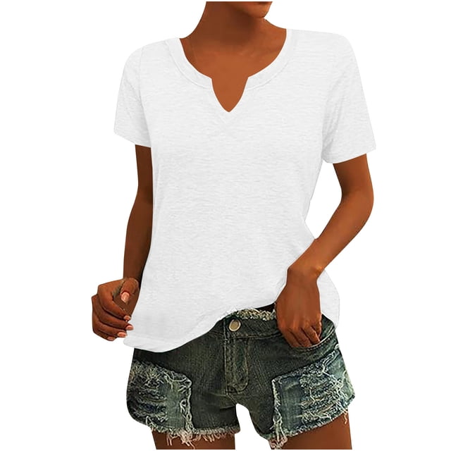 Timegard Hauts pour Femmes Manches Courtes Blouse Col en V Tee Confortable Couleur Unie Tunique Décontractée d'Été
