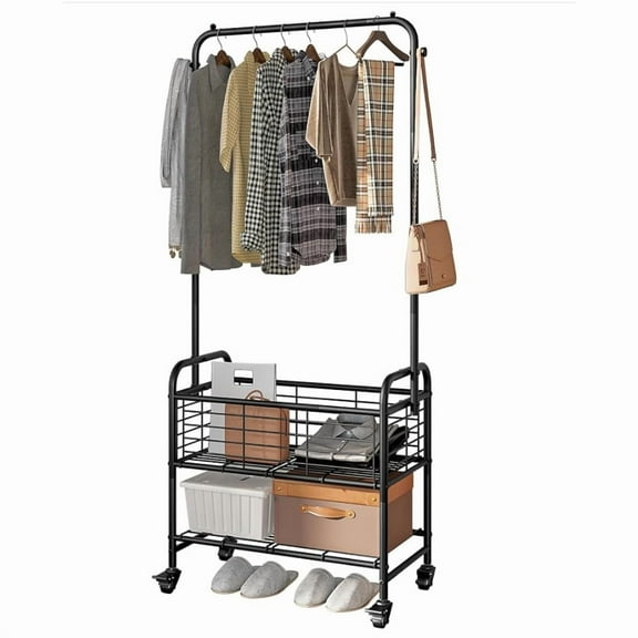 Laundry Cart with Hanging Rack Rolling Laundry Hamper Sorter with Wheels ShelfBlack