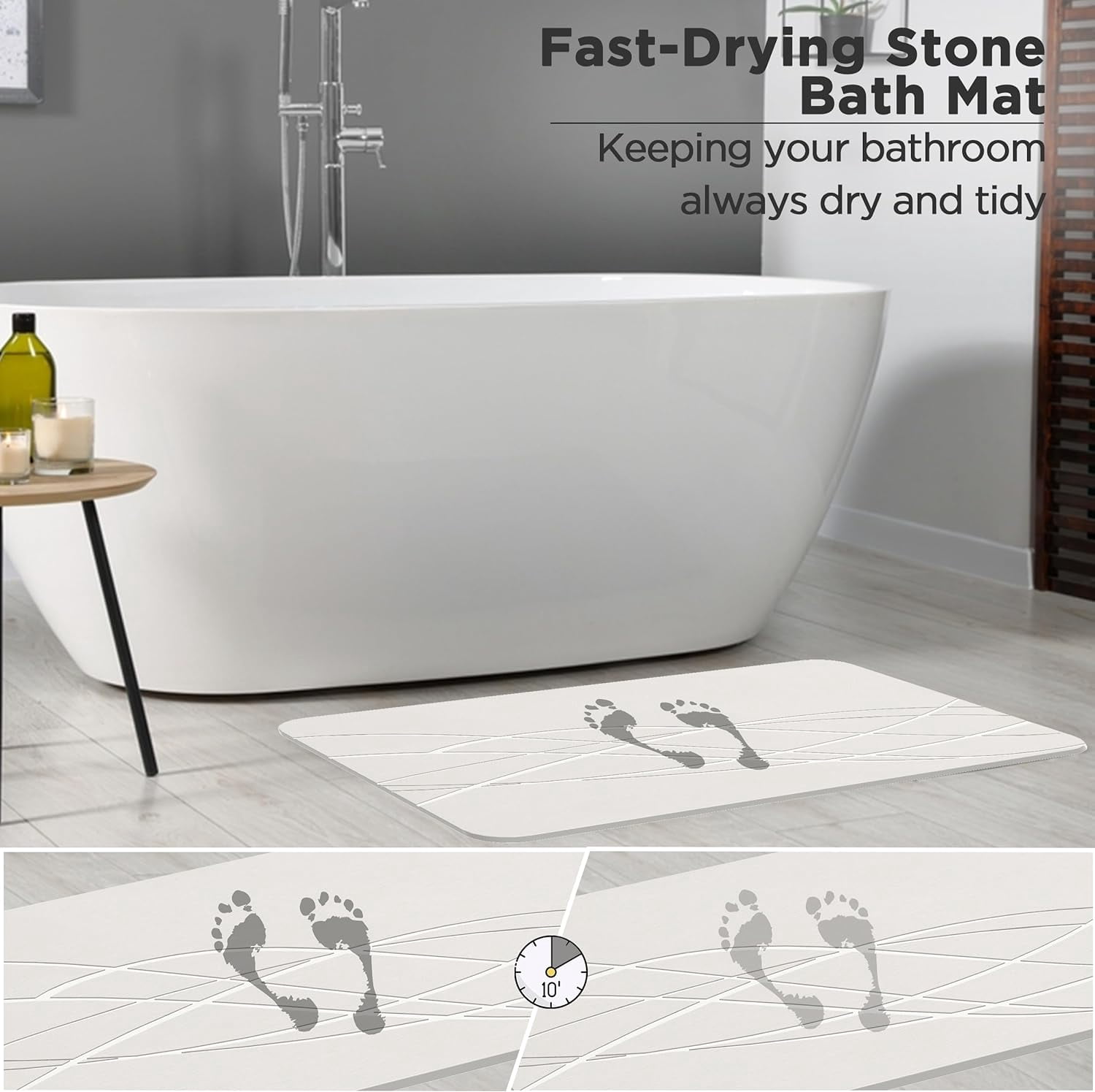 HBlife Stone Bath Mat, Diatomaceous Earth Bath Mat Bathmat, Non Slip Super Absorbent Quick Drying Diatomite Stone Bath Shower Mat for Bathroom, 23" x 15", White