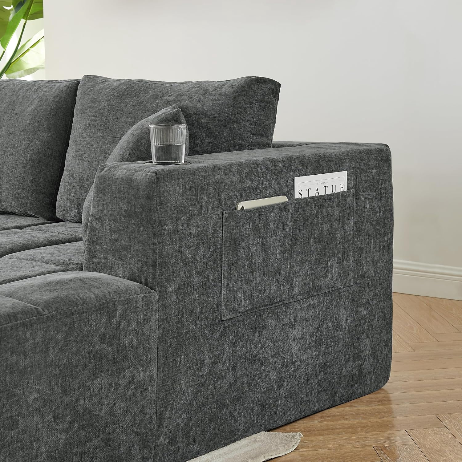 Howcool 132" U-Shaped Modular Cloud Couch, Oversized Deep Seat Chenille Sectional Sofa with Double Chaise, Boneless Comfy Couch with Cup Holders & Side Pockets, No Assembly Required,Dark grey