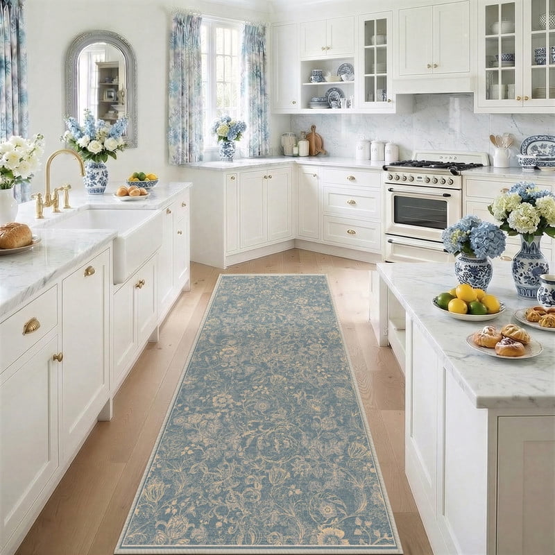 ATHOPE Floral 2x6 Area Rug, Machine Washable Rugs Soft Non Slip Low Pile Rugs for Living Room Bedroom Nursery Kitchen Dining Room Indoor, Floral Print Pattern Runner Carpet, Blue