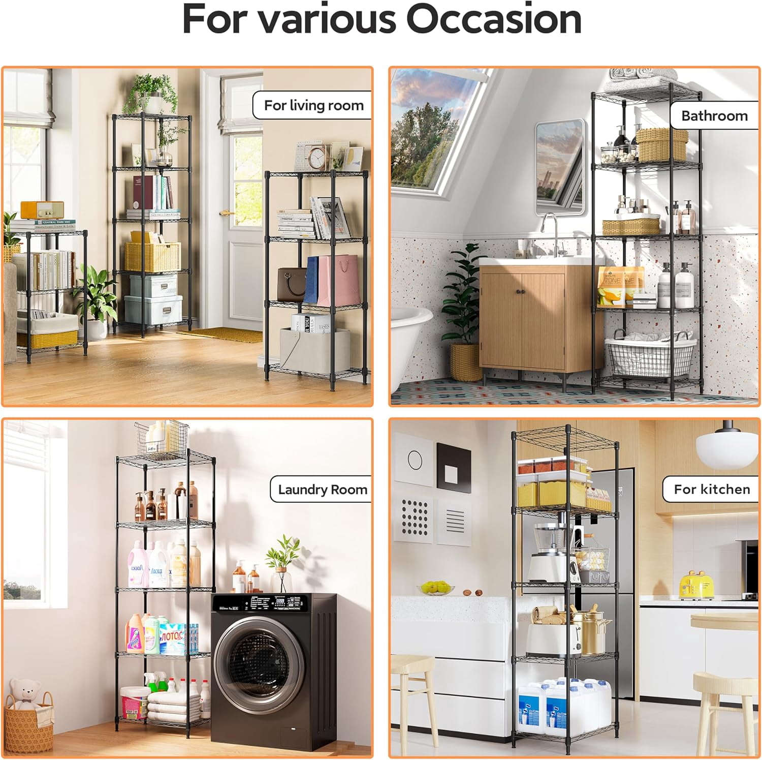 M MZG 5-Shelf Shelving Unit - Heavy Duty Storage Shelving, Metal Wire Shelving, Storage Organizer Standing Rack for Kitchen, Office and Garage (Black, 5 Tier, 11.8" D × 17.7" W × 55" H)