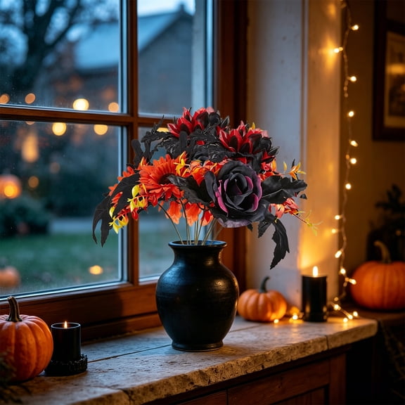 12" Halloween Black Orange Artificial Flower Bouquet, Dark Gothic Rose Sunflower Dahlia Fake Flowers, Spooky Faux Floral Arrangement for Halloween Party Table Centerpiece Home Decor, A