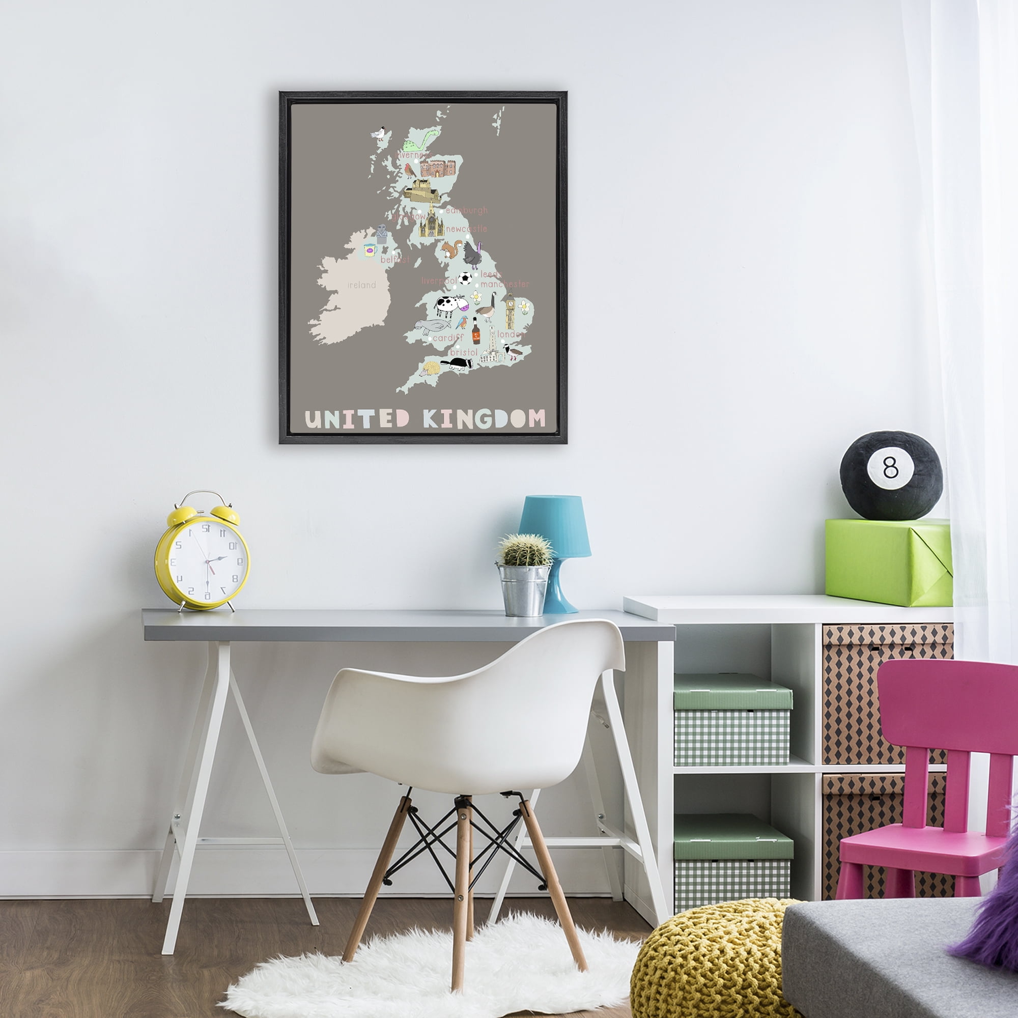 Kid's Map of United Kingdom Black Framed Floater Canvas Wall Art, design by Carla Daly