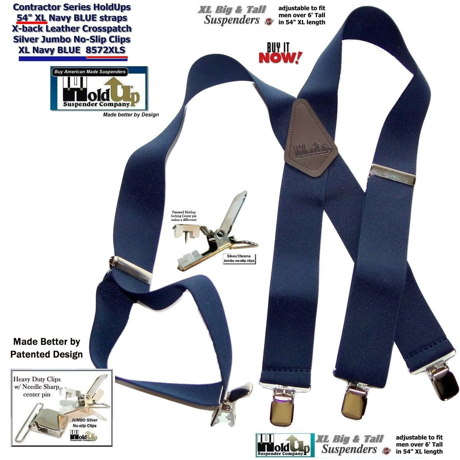 Holdup USA Made Classic tan XL suspender 1 1/2 wide 54 long with patented silver clips 9908XLS