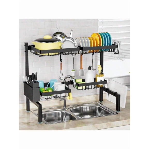 Over the Sink Dish Drying Rack, 2-Tier Expandable Stainless Steel Kitchen Organizer, Adjustable Large Dish Rack Shelf for Countertop Storage