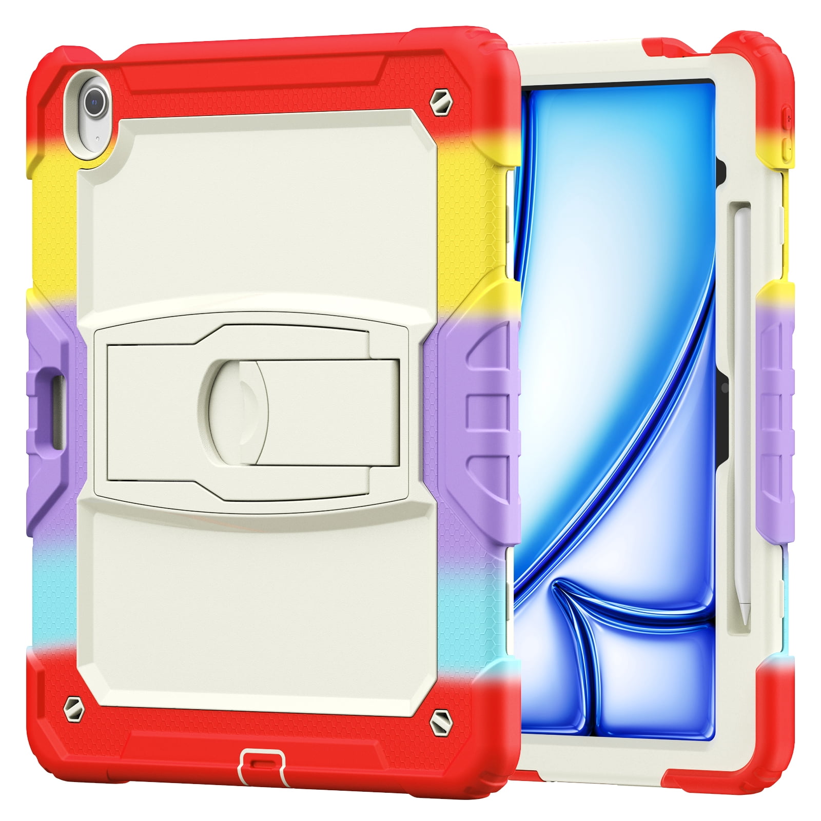 Rugged Case For Apple iPad Air 13 (2024) – 3-Layer Protection Shockproof Stand Cover with Screen Protector, Adjustable Stand, Shoulder Strap, & Pencil Holder -- Colorful Red
