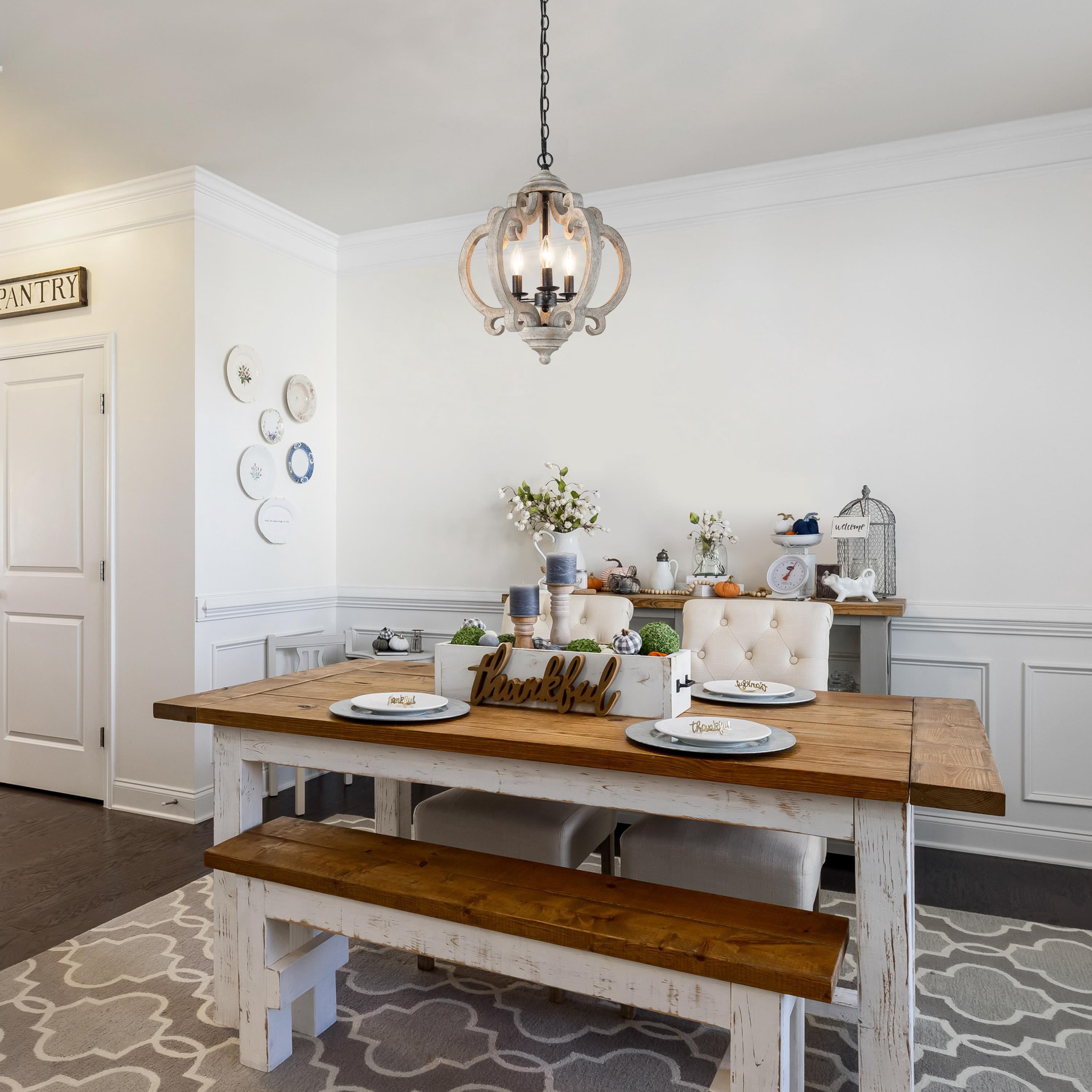 LNC 4-Light Grayish White Wood and Rustic Black Farmhouse Empire Chandelier, Orb Candle