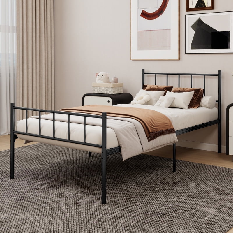 Caxkun Twin Size Classic Metal Platform Bed Frame Steel Slat Support, Black