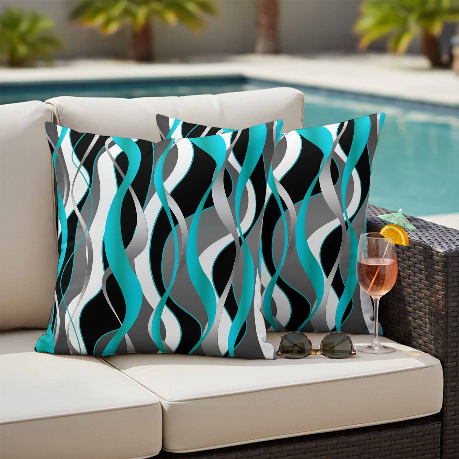 Aqua Stripe Outdoor Waterproof Pillow Covers, Ombre Grey Moire Geometric Modern Abstract Decorative Square Throw Pillowcase Sofa Cushion Sham for Patio/Couch/Chair, 26"x26" 2 Pack