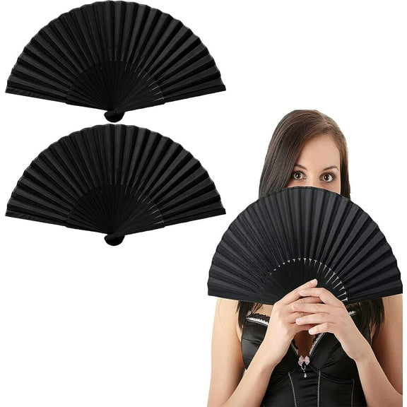 LINLIN 2 Pcs Folding Fan, Black Folding Fan Handheld Fan Folding Black Chinese Fan Handheld Fan Silk Fabric Fan Hand Held Fabric Fans, for Men and Women Performance, Decorations, Festival