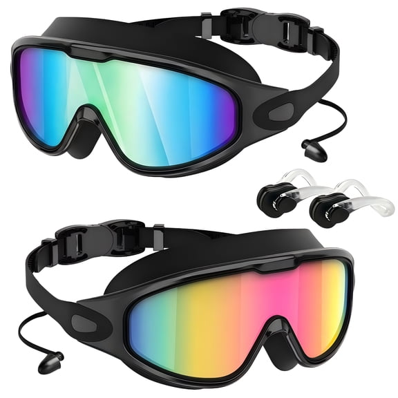 Rirool 2 Pack Swim Goggles for Adults Men Women, Anti-Fog UV Protection Leakproof Wide-Angle Swimming Goggles with Multicolor Mirrored Lenses, Earplugs and Nose Clip for Pool Beach