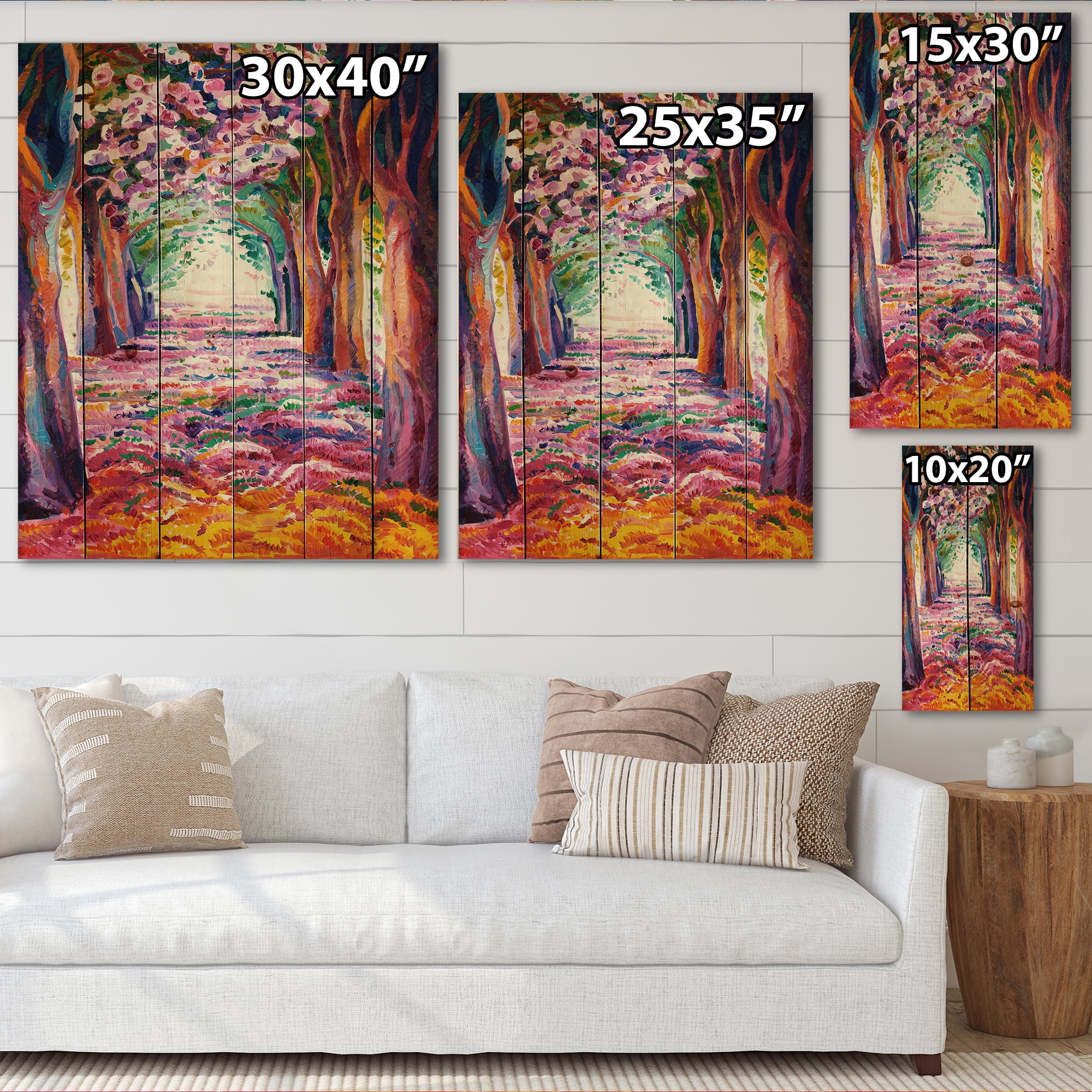 Designart 'Pink Flowering Colorful Spring Forest' Lake House Print on Natural Pine Wood