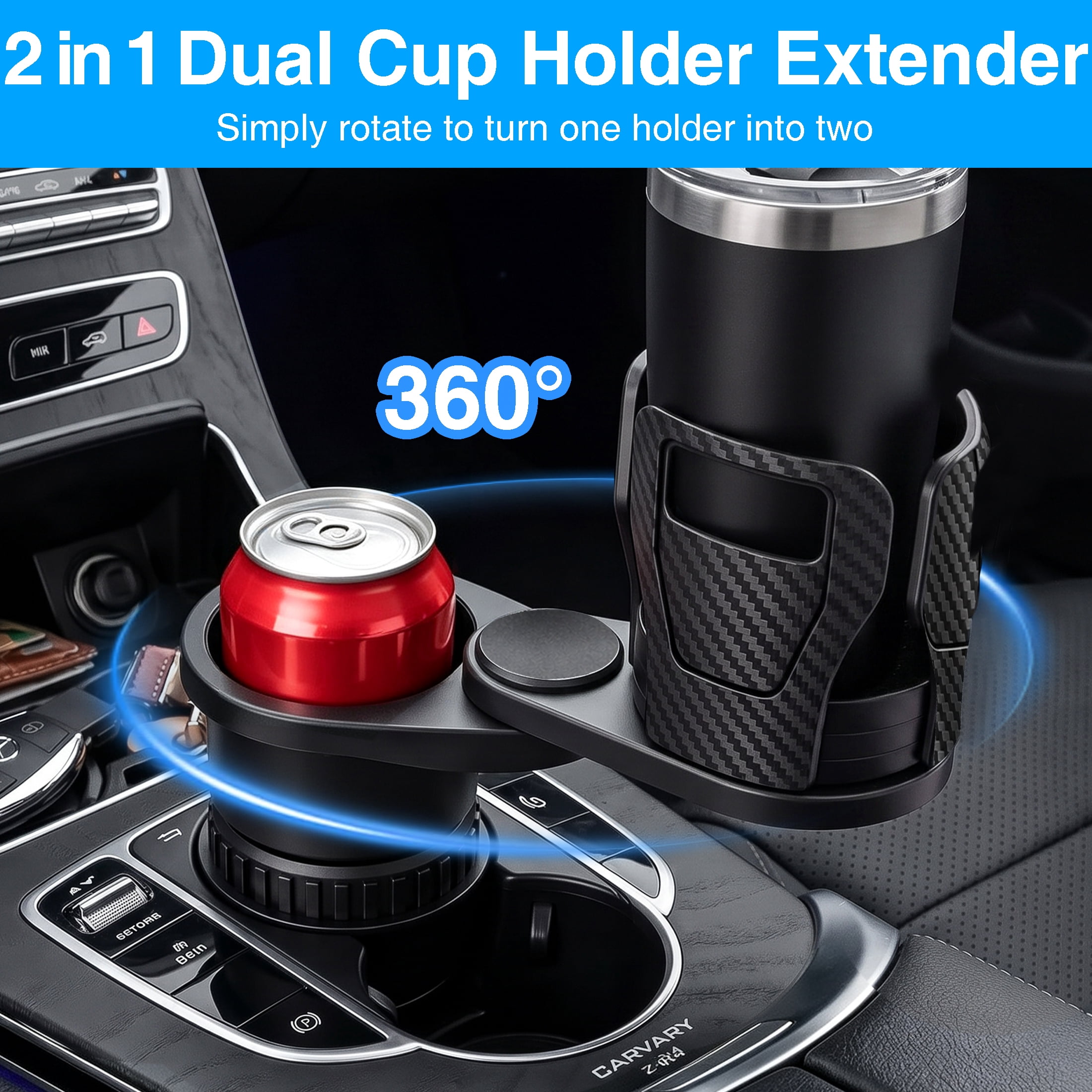 GARITIN 2 in 1 Car Cup Holder Expander, 360° Rotating Dual Car Cup Holder Extender, Adjustable Anti‑Slip Car Drink Holder for Large Water