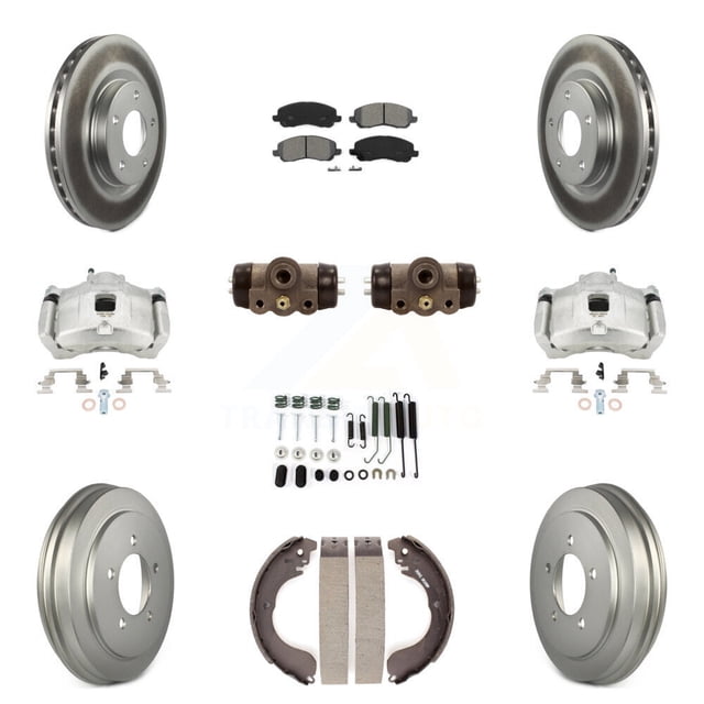 Transit Auto Front Rear Disc Brake Caliper Coated Rotor Drum Semi-Metallic Pad Shoe Wheel Cylinder & Hardware Kit (11Pc) for Car Jeep Patriot Compass Dodge Caliber Chrysler Sebring Avenger KCG-100371S