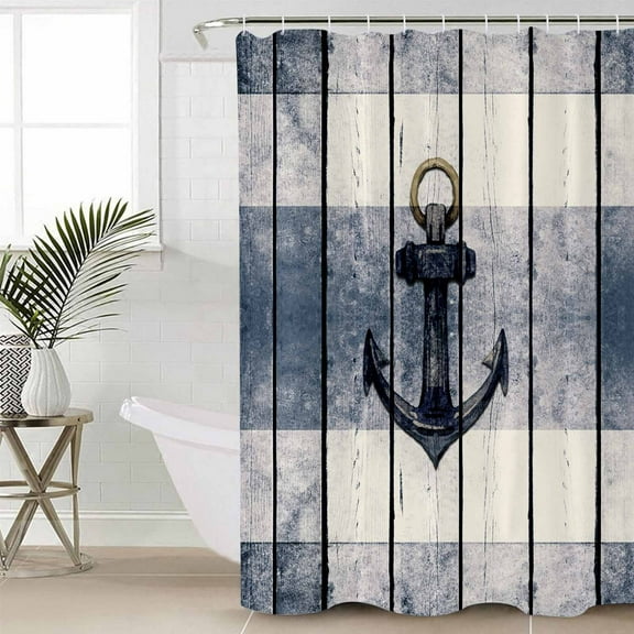 Navy Blue Nautical Waterproof Fabric Shower Curtain, Coastal Blue Striped Vintage Shower Curtain for Bathroom Curtains Bathtubs Hotel Washable Shower Curtains with 12 Hooks Standard 60x72