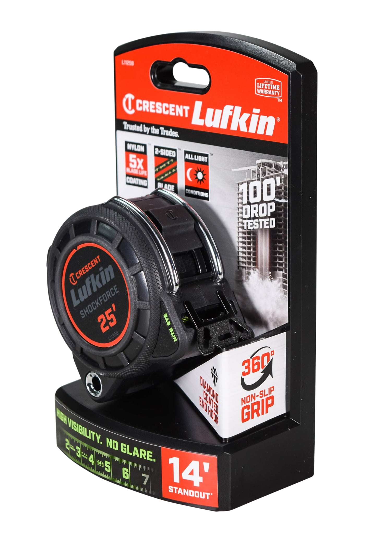 Lufkin L1125B 1-3/16" x 25' Shockforce Nite Eye Dual Sided Tape Measure