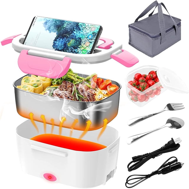 Electric Lunch Box 60W Food Warmer Heater 12V 24V 110V Faster Heated Lunch Box for Car/Truck/Home Portable Heating Boxes with 1.5L 306 SS Container Fork & Spoon