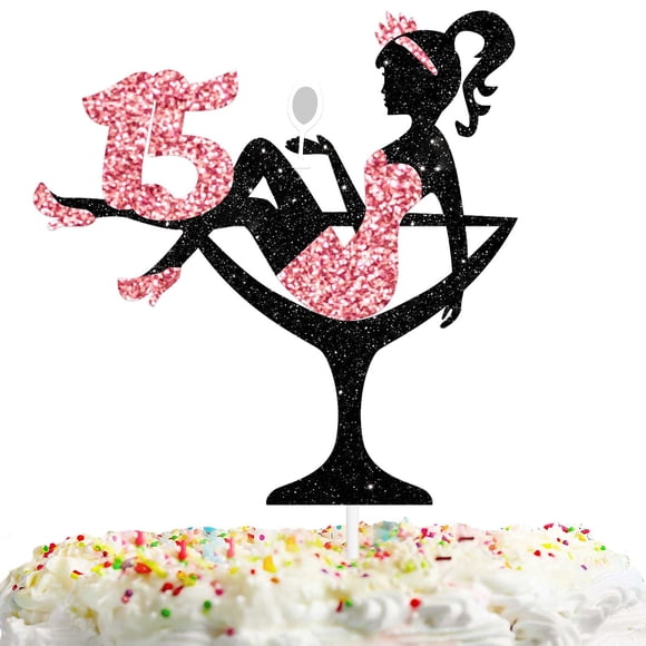 Sitting Girl Cake Topper Picks for Girl Lady 15 Quinceanera Birthday Makeup Spa Theme Party Decoration Supplies 15th Silhouette High Heeled Girl Cake Decor Rose Gold Glitter