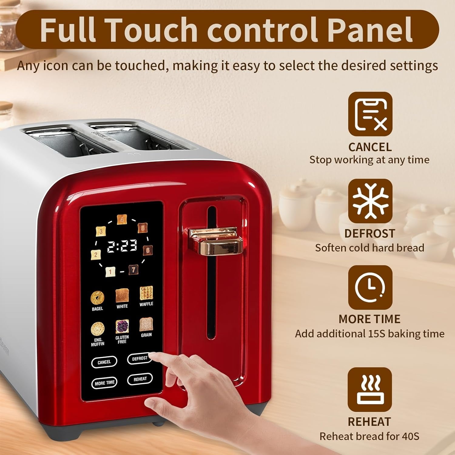 Toaster 2 Slice, Touch Control Stainless Toaster LCD Display, 50% Faster Heating Speed, 1.4'' Wide Slots, More Timer Functions, Removable Crumb Tray, 1350W, Dark Metallic