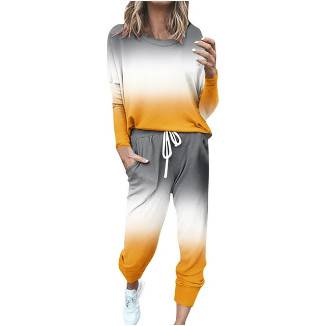 KIHOUT Ensemble de Survêtement pour Femmes 2 Pcs Dégradé Imprimé Manches Longues Col Rond Hauts Pantalons Décontractés Jogger Ensemble de Détente