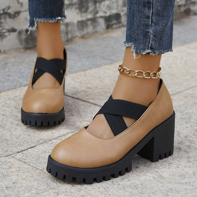 Cameland Chaussures à Talons Hauts à Bout Rond à Lacets pour Femmes en Cuir, Chaussures Simples