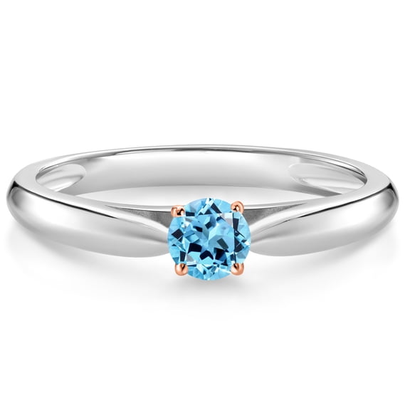 Gem Stone King 10K White and Rose Gold Swiss Blue Topaz Solitaire Engagement Ring for Women (0.20 Cttw, Gemstone November Birthstone, Round 3.5MM, Size 7)
