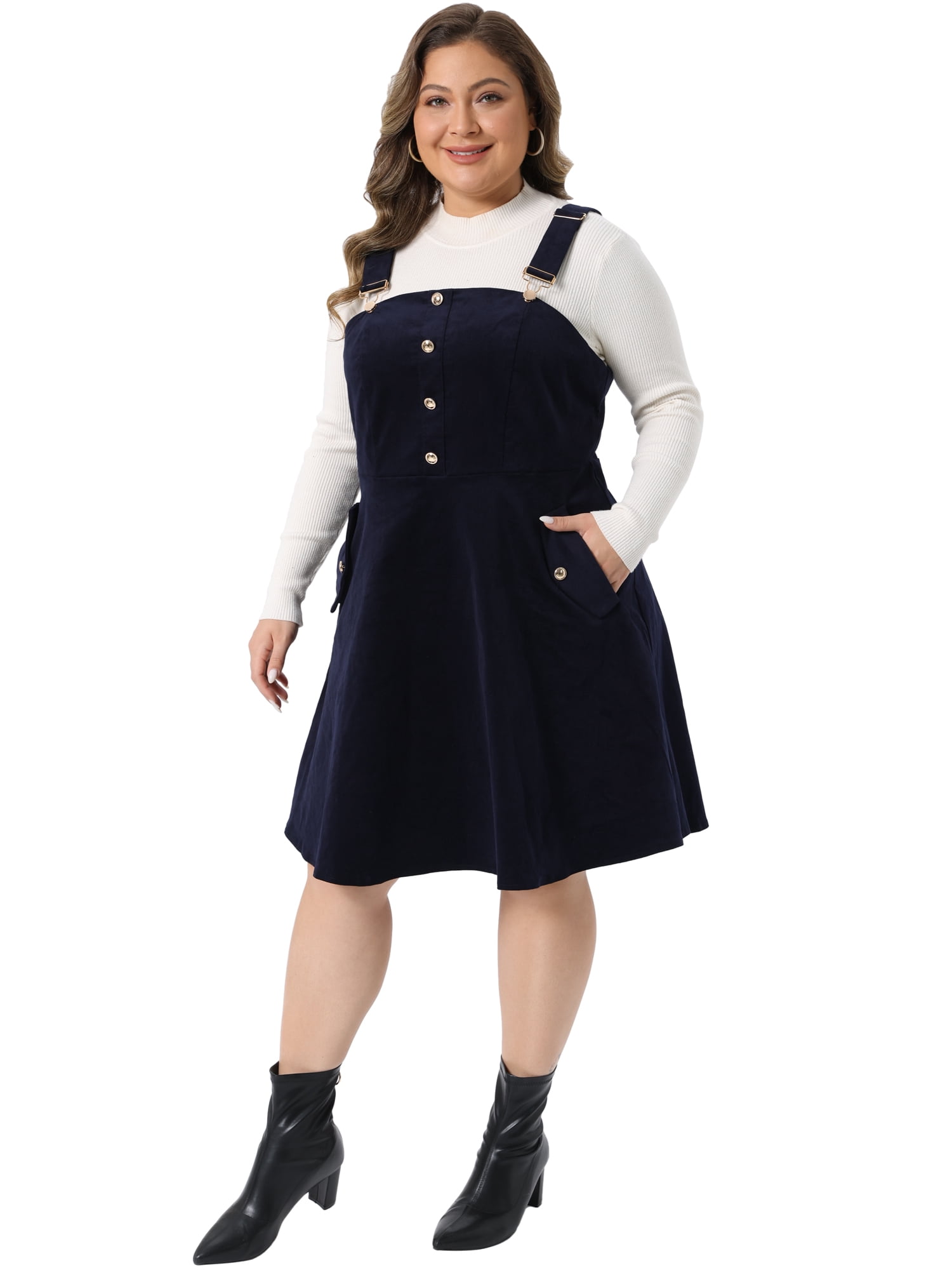 DARING DIVA Women's Plus Size Corduroy Adjustable Strap Suspender Skirt 1X Dark Blue
