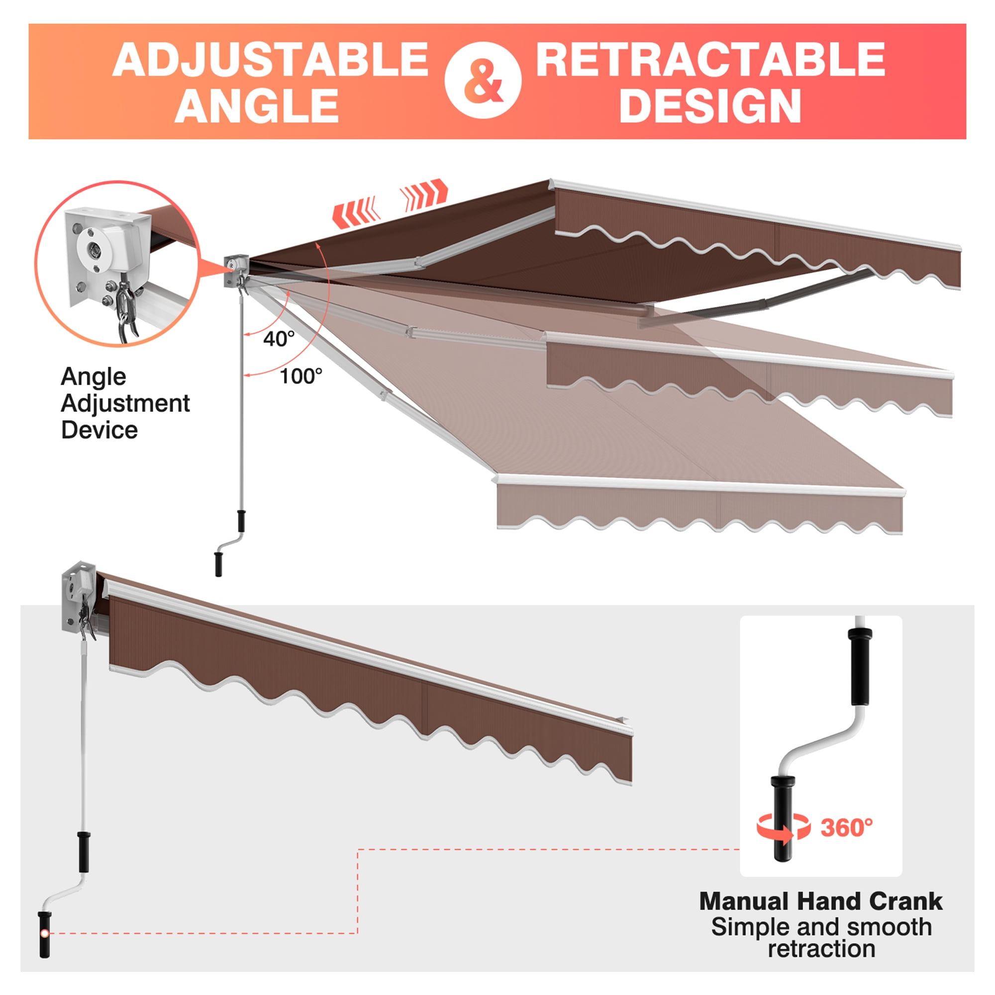 Gymax Fashion 8' x 6.6' Patio Retractable Awning Sunshade Shelter w/Manual Crank Handle Coffee