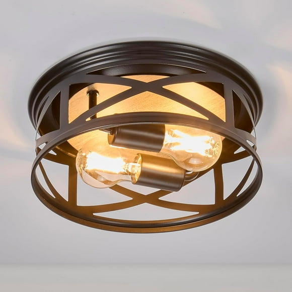 Indoor/Outdoor Flush Mount Ceiling Light Fixture, 2-Light Round Farmhouse Close to Ceiling Entryway Light, Black w/Wood Grain, Bulbs Not Included