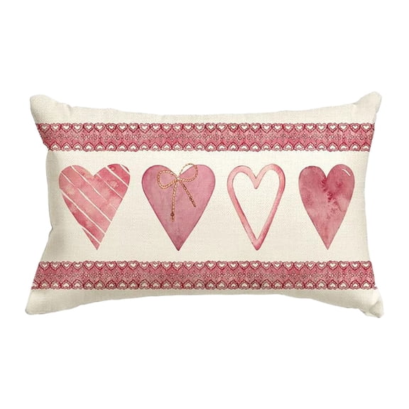 Goowood Valentines Day Heart Lumbar Pillow Cover 12x20 inch Pink Watercolor Hearts Farmhouse Linen Pillowcase for Sofa
