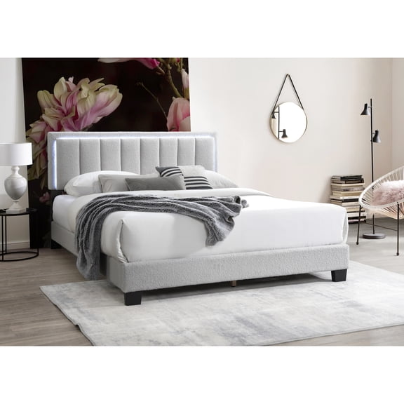 Gray Wool Upholstered Queen Bed With Stunning Tufting Headboard And Built Led, No Box Spring Contemporary Size Enticing Led Lights