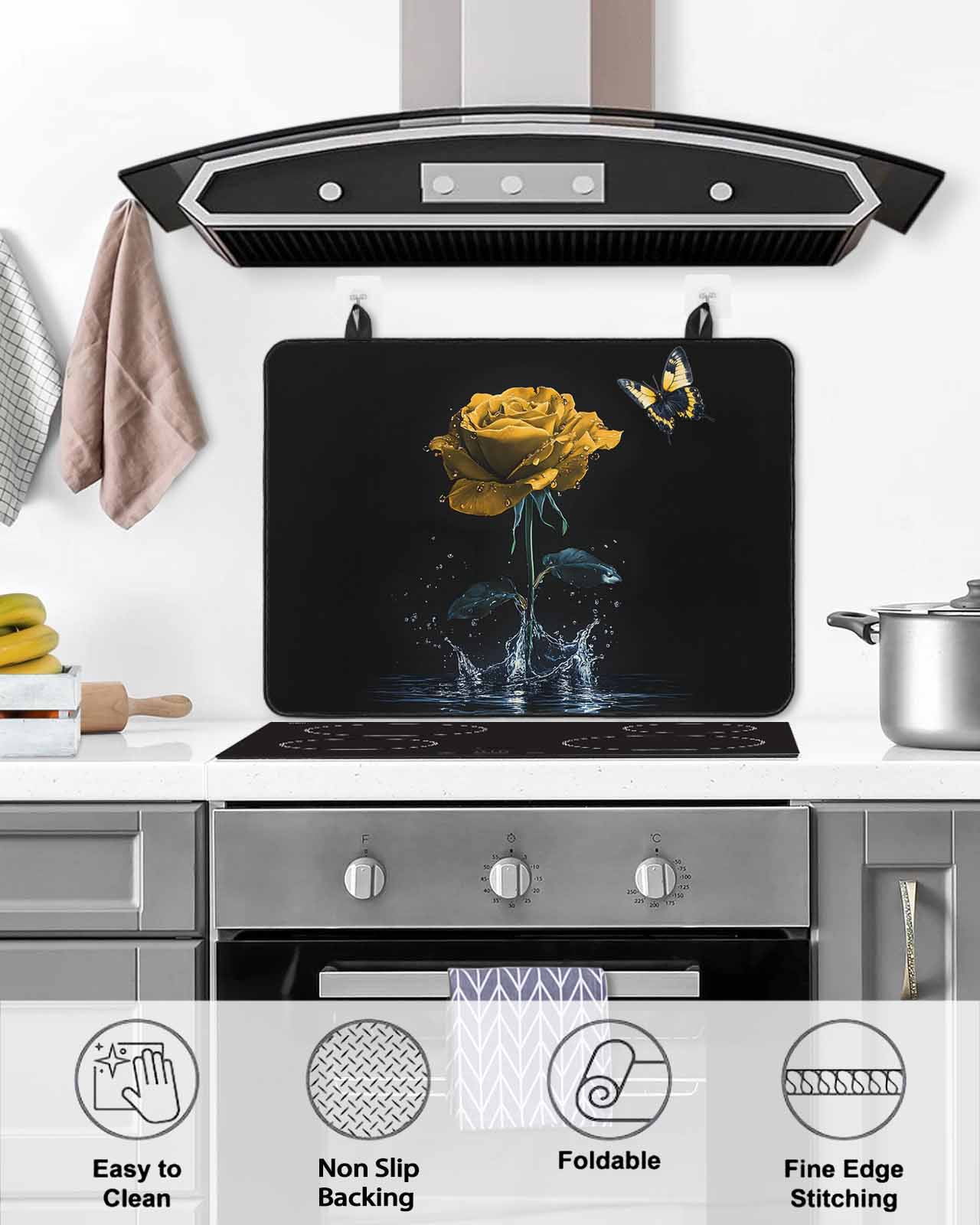 nqOlkjepod Large Induction Cooktop Protector Mat 24"x21", Yellow Roses Stove Top Covers for Electric Stove, Modern Art Splash Flowers Butterfly Stove Burner Cover Mats, Glass Top Stove Cover