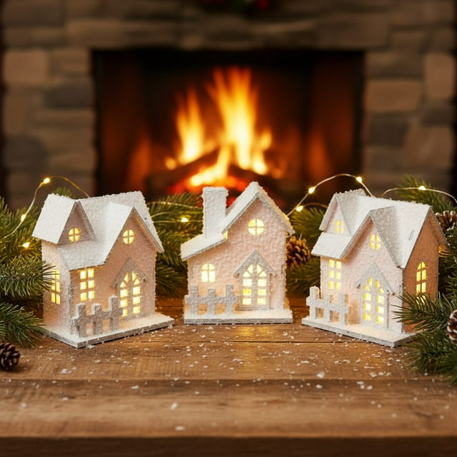 Decoración De Habitaciones Villa navideña de madera con luces LED para decoración de escritorio, casitas de nieve de invierno, 0,7 x 7,3 cm, 1 unidad Rkxzt