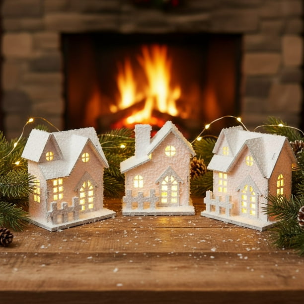 Villa Wooden Christmas Desk Decoration, Lighting Up Village Scene, Small Table Top Decor, Festive Home Office, Bedroom, Night Light, Wooden Base, 2-Tier Design, LED Illumination, Portable, for Dorm