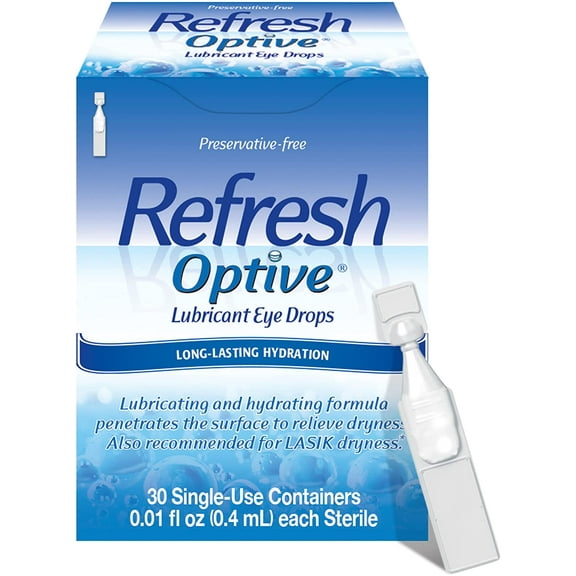Refresh Optive Lubricant Long-Lasting Hydration Eye Drops, Preservative-Free, 0.1 oz, 30 ct, 2 Pack