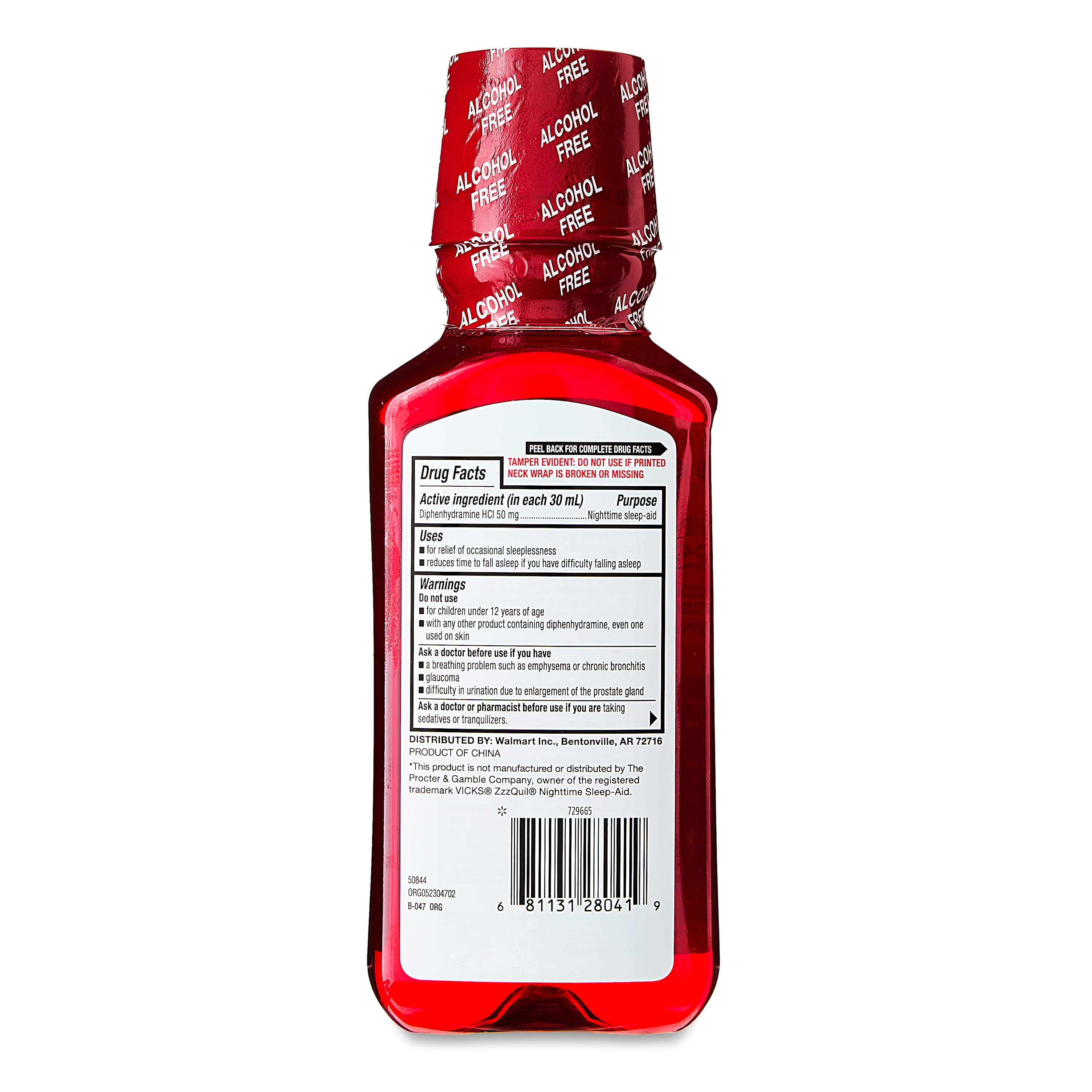 Equate Alcohol-FreeNighttime Sleep Aid Diphenhydramine 50 mg Liquid, Cherry Vanilla Flavor, 12 fl oz, Compare to VICKS® ZzzQuil ®Nighttime Sleep-Aid Active Ingredient