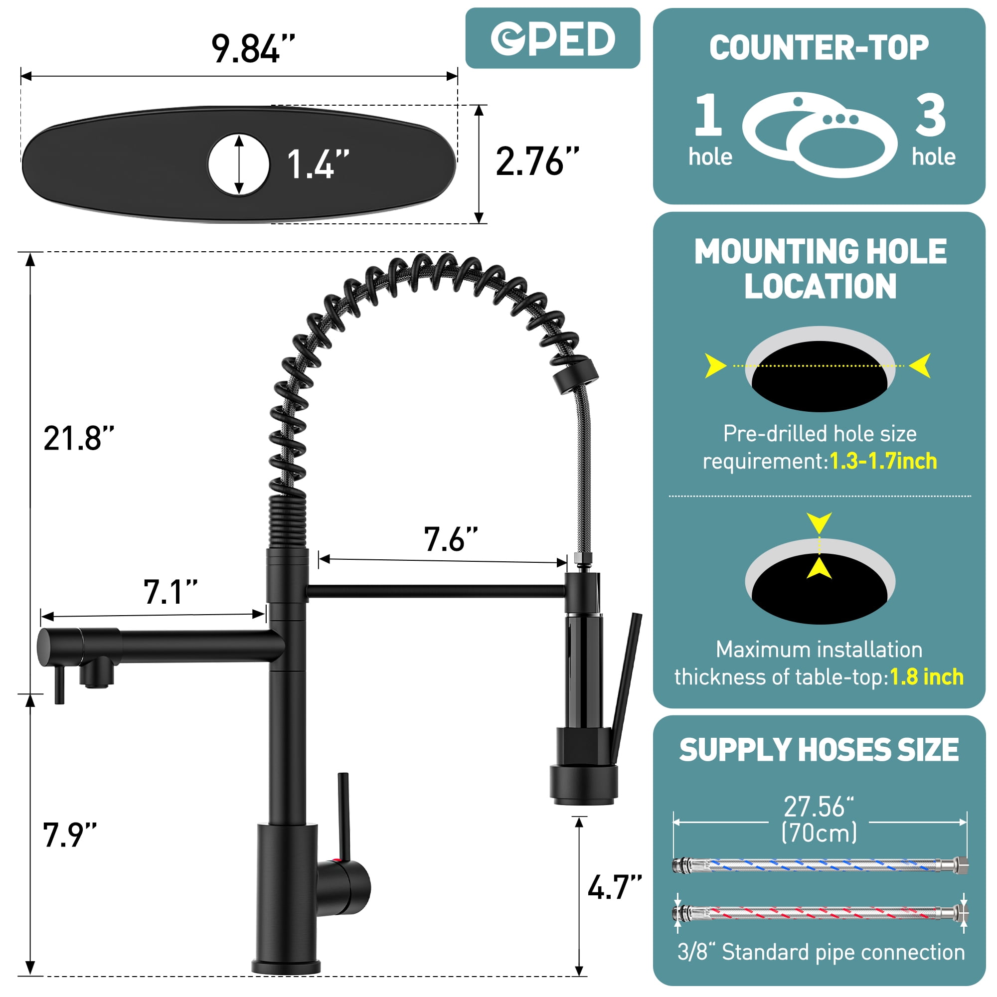 GPED Kitchen Faucet, Kitchen Sink Faucet with 2 Function Sprayer, SUS304 Stainless Steel & Double-Headed, Single Handle High Arc Kitchen Faucet with Pull Down Sprayer & Deck Plate, Matte Black