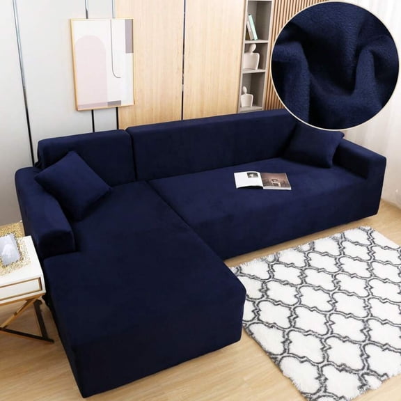 2-Piece L-Shaped Sofa Cover - Thick Velvet Stretch Plush Elastic Slipcovers, 3 3 Seater Chaise Sectional Furniture Protector for Living Room